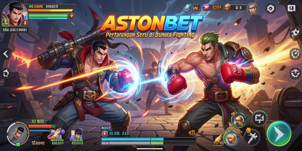 Tangkapan layar gameplay ASTONBET menampilkan pertarungan intens dengan karakter unik.