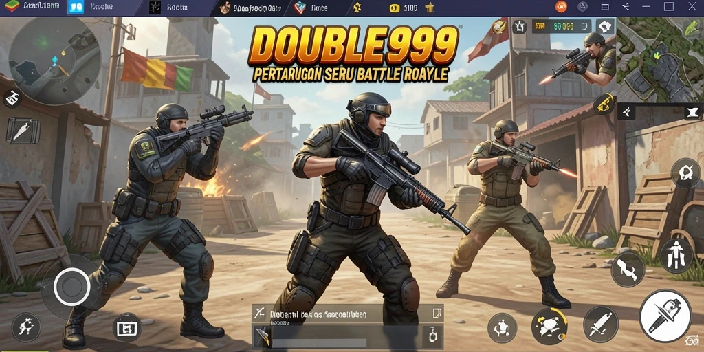 Screenshot utama DOUBLE999 menampilkan gameplay Battle Royale yang seru.