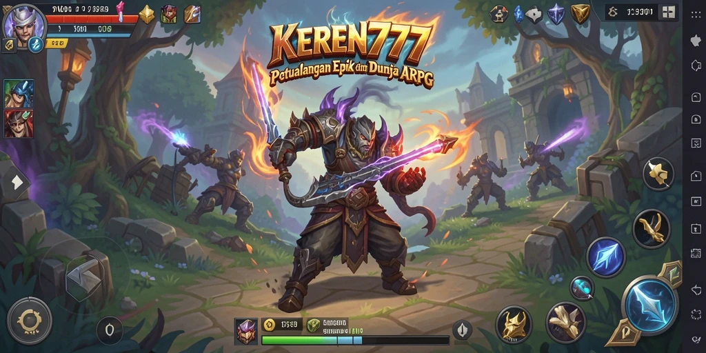 Screenshot utama KEREN777 menampilkan pertarungan epik di dunia fantasi.