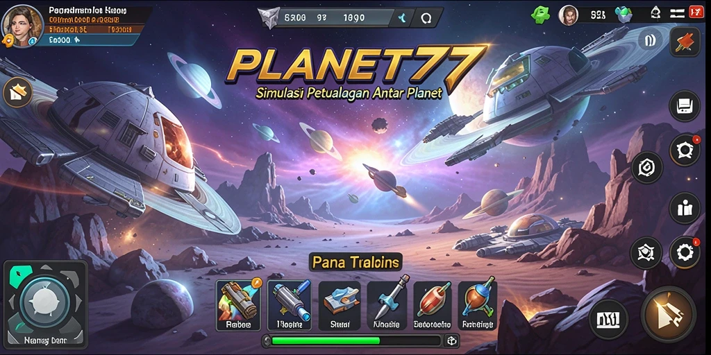 Screenshot gameplay PLANET77 menampilkan eksplorasi planet yang menakjubkan.
