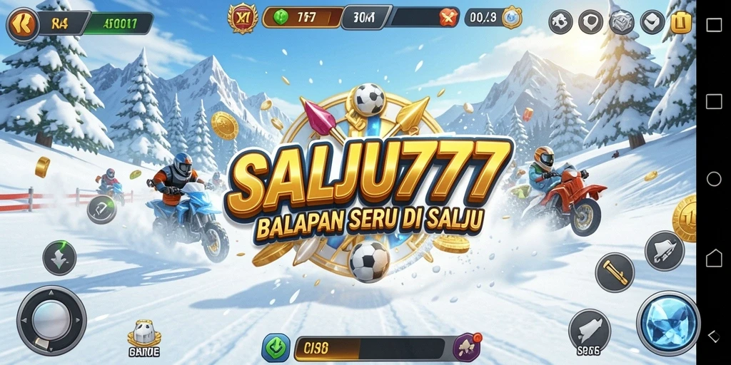 Screenshot gameplay SALJU777 menampilkan aksi balapan di lintasan salju.
