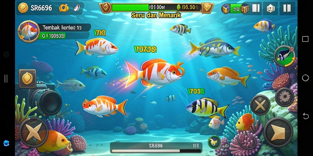 Screenshot game SR6666 menampilkan aksi seru menangkap ikan.